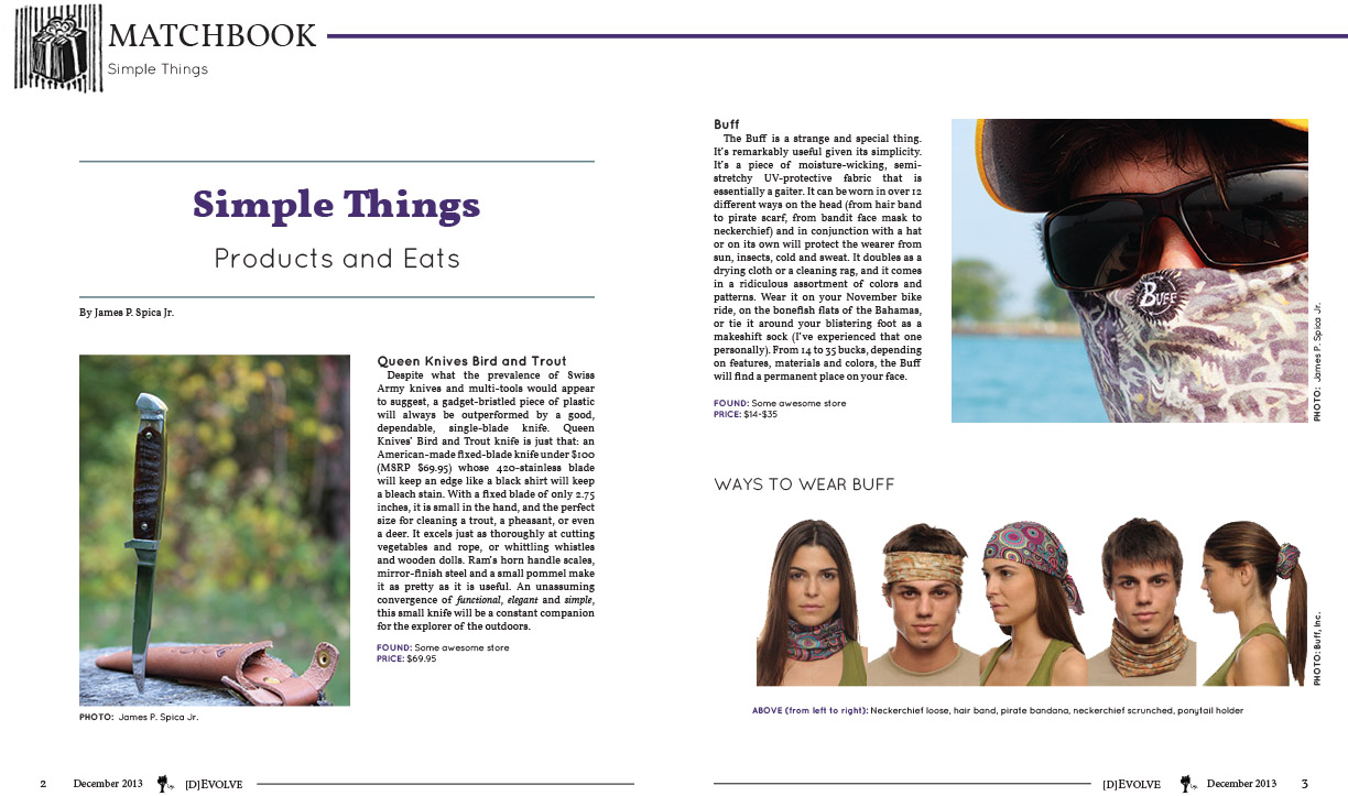 Article design layout for [D]EVOLVE Magazine’s product reviews section, Simple Things Products and Eats.