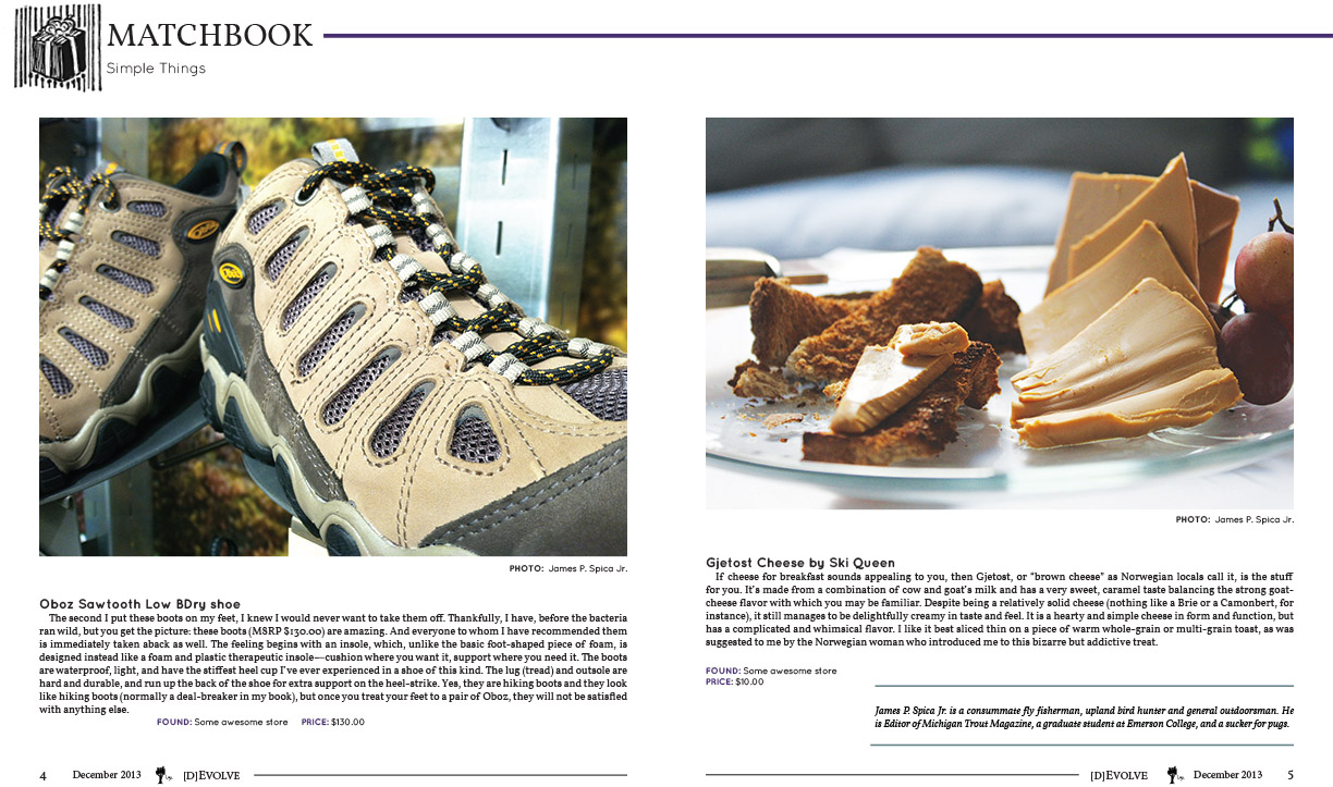 Article design spread for [D]EVOLVE Magazine’s Simple Things Products and Eats.